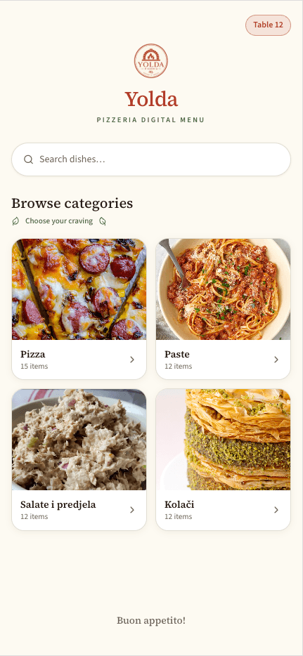 Yolda guest menu browsing pizza, pasta, salad, and dessert categories