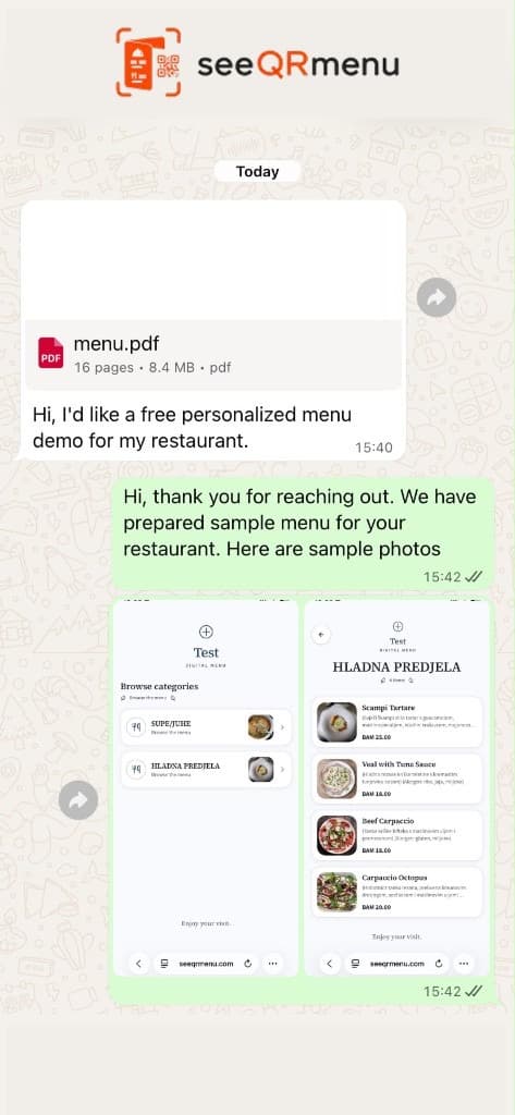 seeQRmenu WhatsApp chat: send a PDF menu and get a digital menu demo