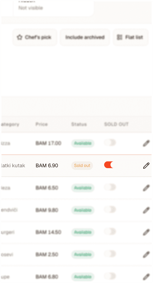 Menu items list with Sold out toggle turned on mid-service