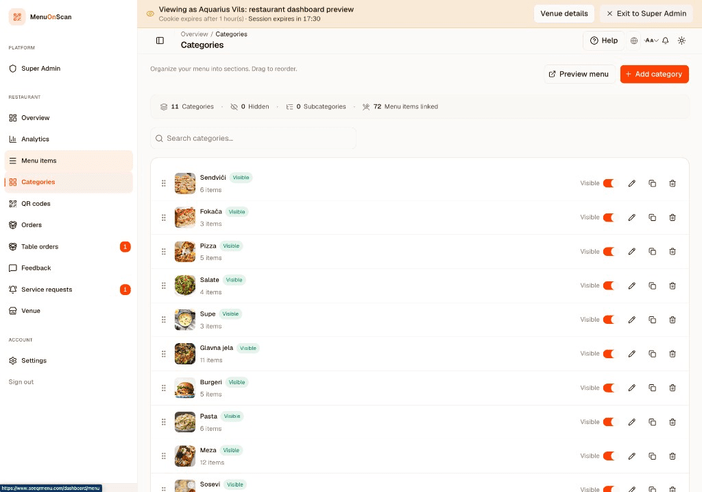 Categories dashboard: drag to reorder menu sections with visibility toggles