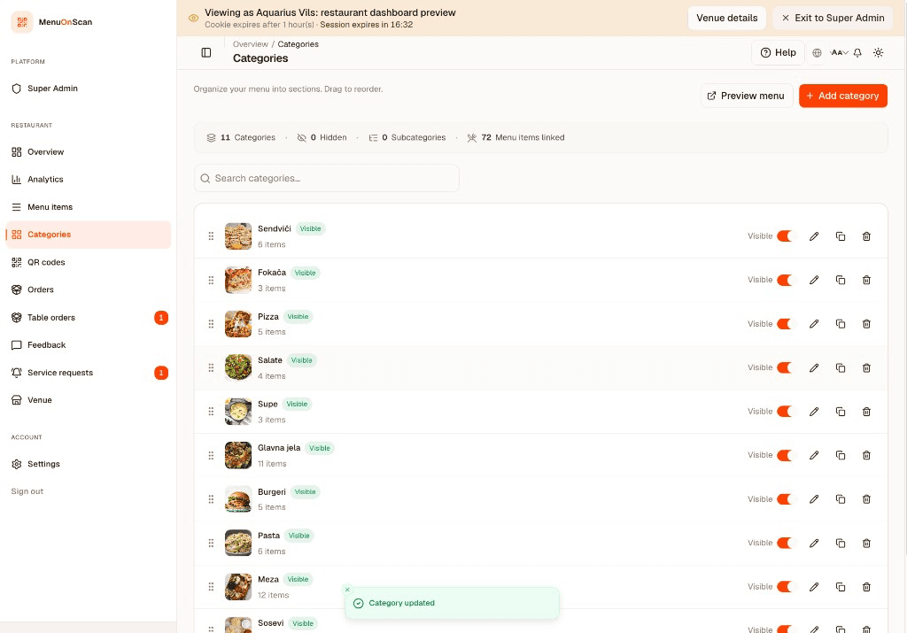 Categories dashboard with Category updated confirmation after publishing changes