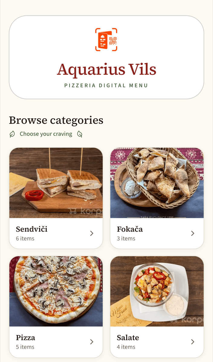 Guest browsing categories after scanning a table QR code